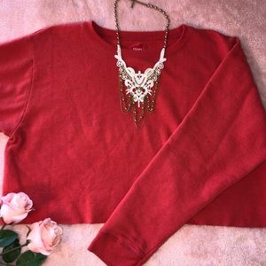 Red Hanes sweatshirt.